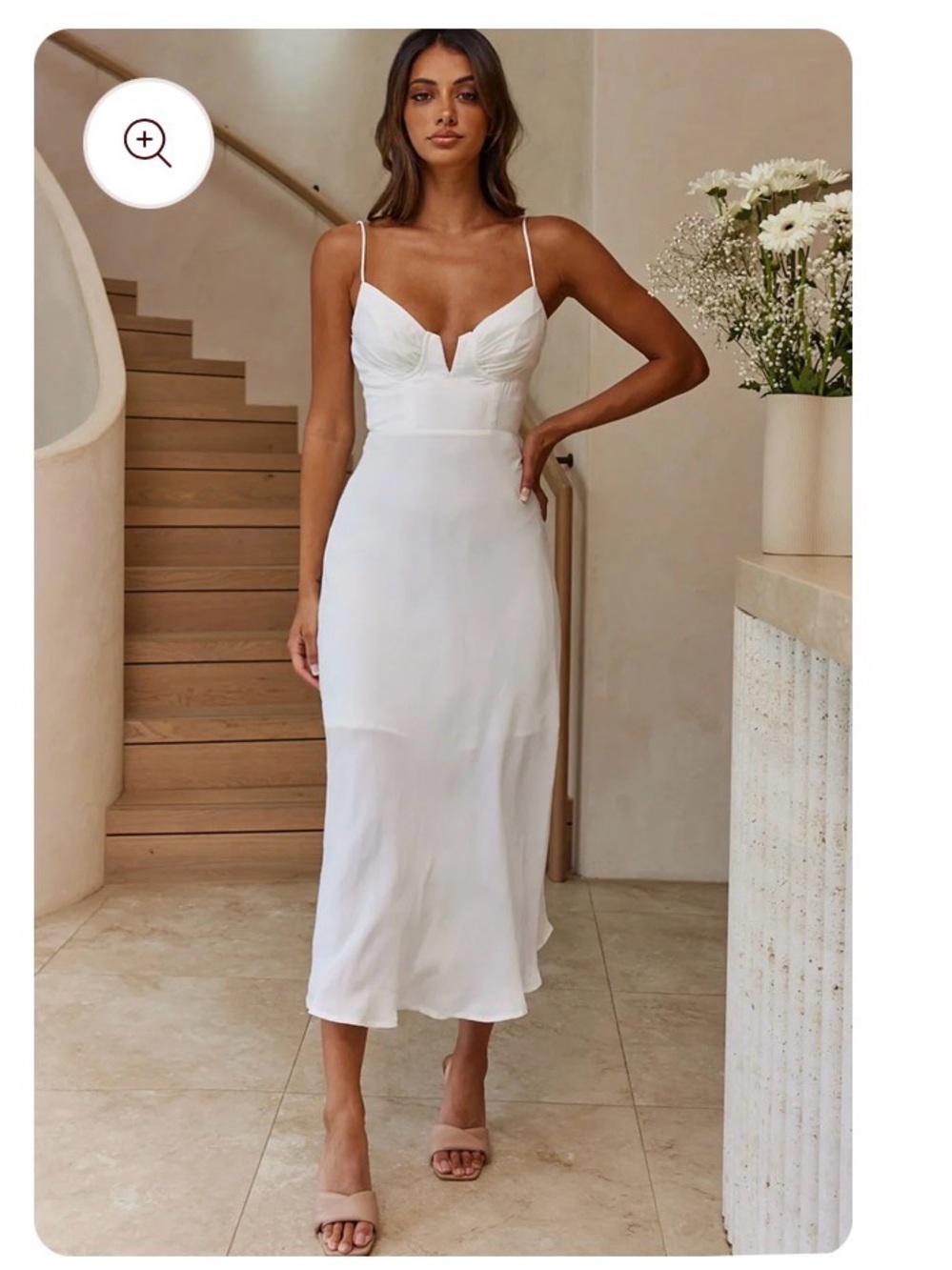 White Spaghetti-Strap Midi Dress with V-Notch Bodice Selfie Leslie